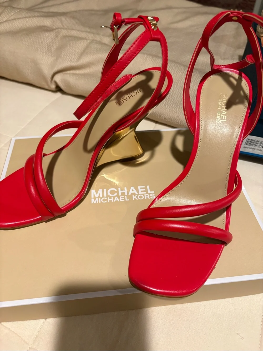 Michael Kors Red Strappy Sandals with Gold Sculpted Heel